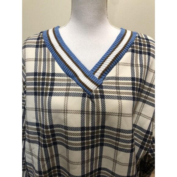 Blue/Brown/Cream Plaid Long Sleeve V-Neck Pullover Top~ Size M ~ - Picture 2 of 5